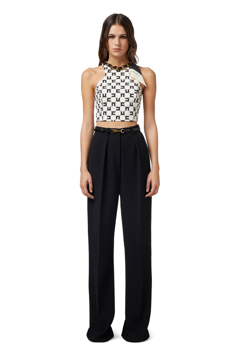 Stretch crêpe top with logo print and foulard scarf chain - Top | Elisabetta Franchi® Outlet