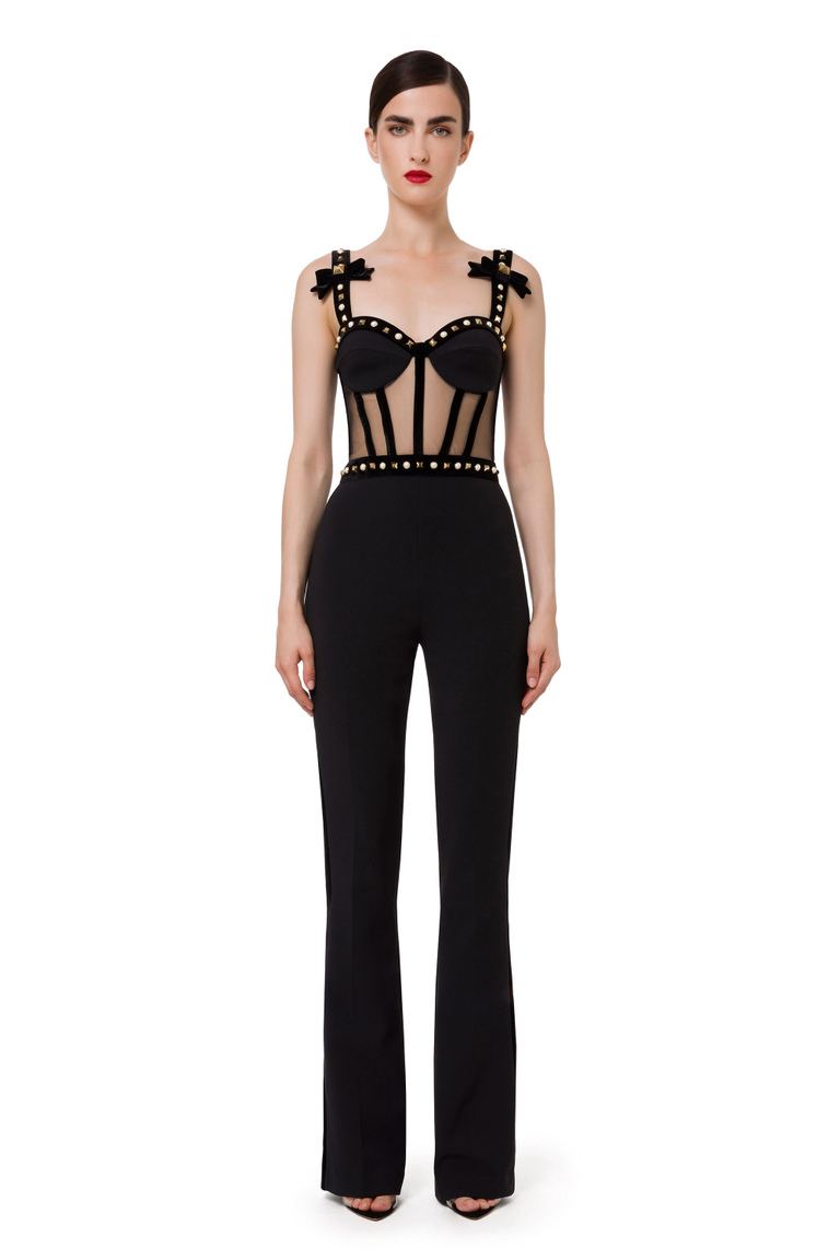 Double layer crêpe jumpsuit with embroidered tulle bodice - Sparkling Party | Elisabetta Franchi® Outlet