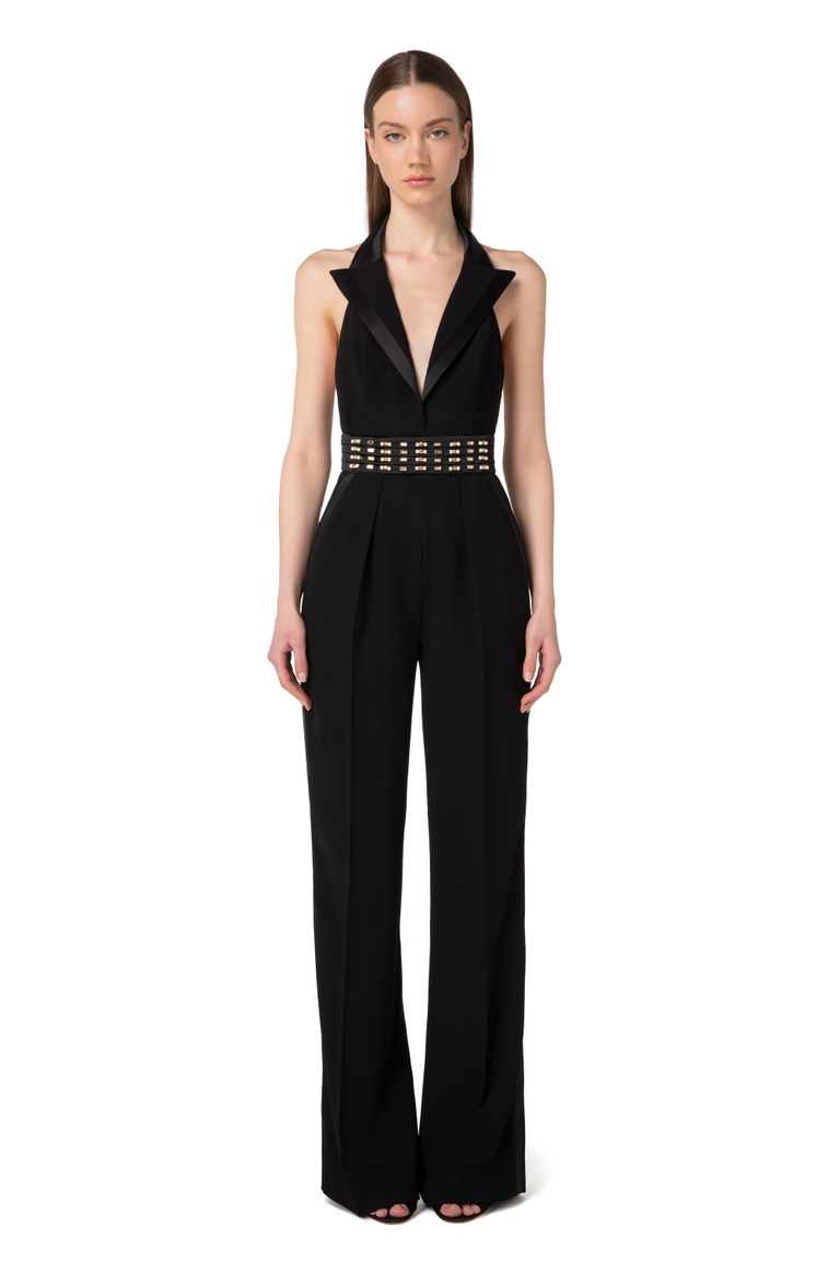 Jumpsuit in crepe fabric with duchess satin lapels - Jumpsuits | Elisabetta Franchi® Outlet