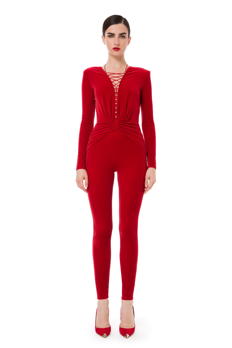 Velvet full jumpsuit with intertwining - Jumpsuits | Elisabetta Franchi® Outlet