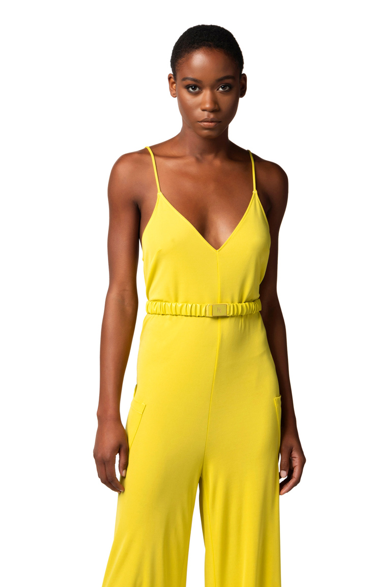 Jersey wide jumpsuit with belt and logoed buckle - Jumpsuits | Elisabetta Franchi® Outlet