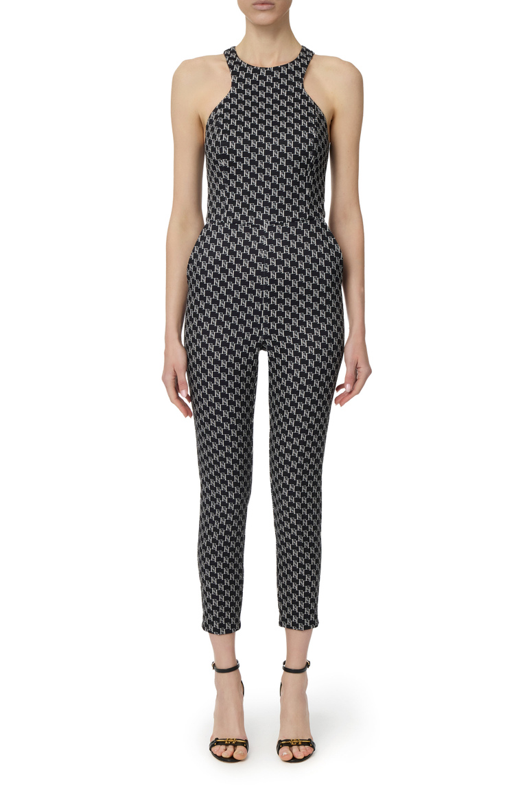 Jumpsuit in double layer crêpe fabric with logo print and chain belt - Jumpsuits | Elisabetta Franchi® Outlet