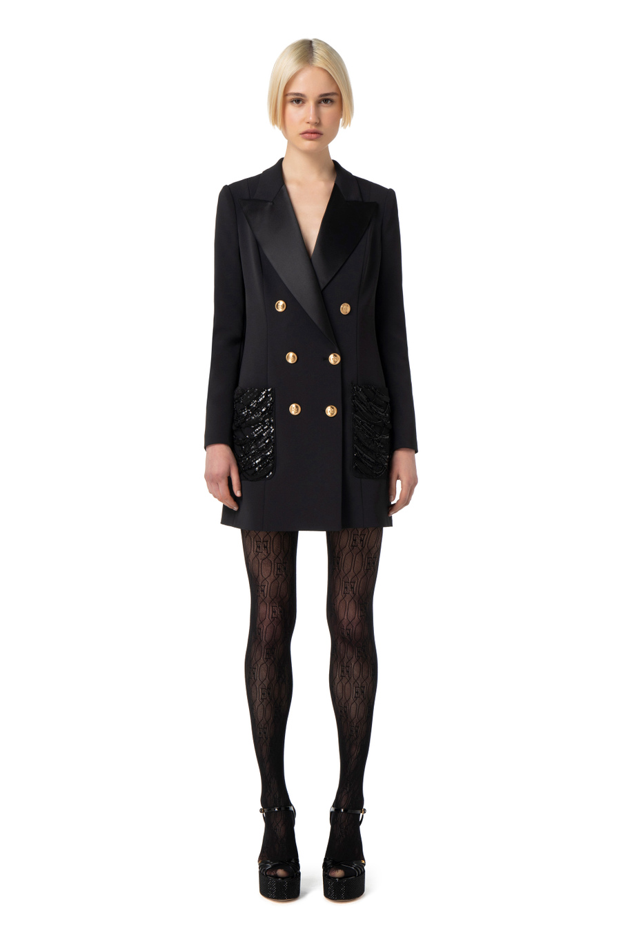 Coat dress in double layer crêpe fabric with embroidered pockets - Elisabetta Franchi® Outlet