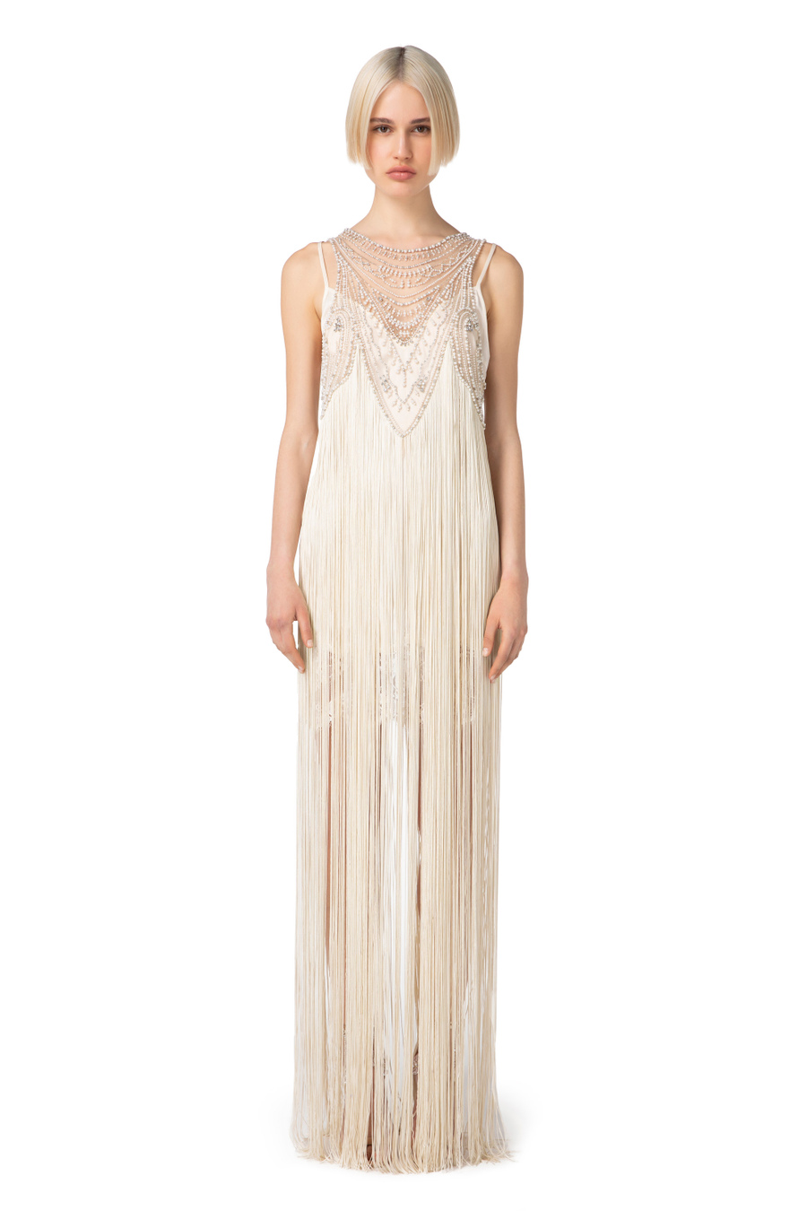 Tulle Red Carpet dress with fringes and beads - Elisabetta Franchi® Outlet