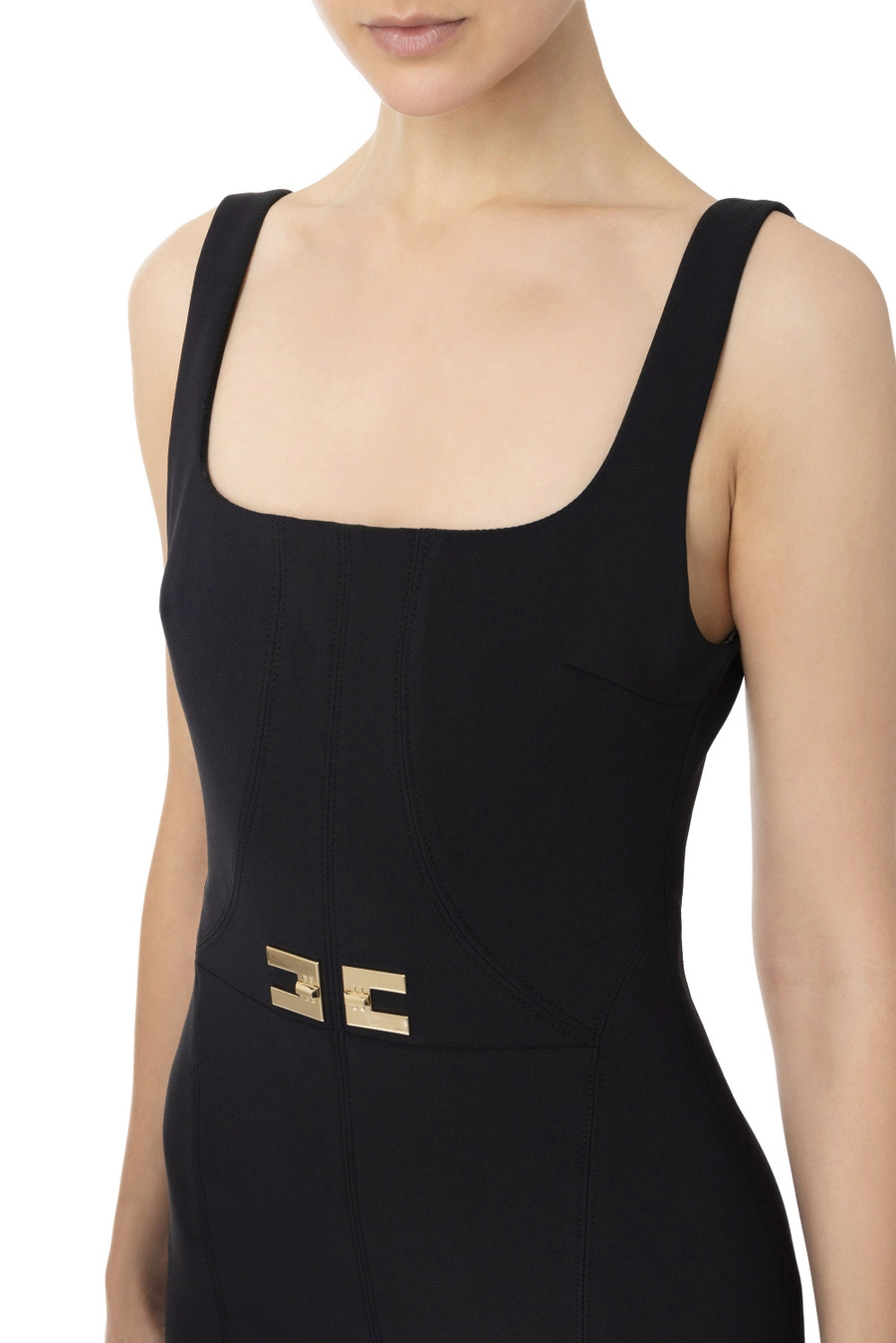 Sleeveless sheath dress with logo metal plate - Elisabetta Franchi® Outlet