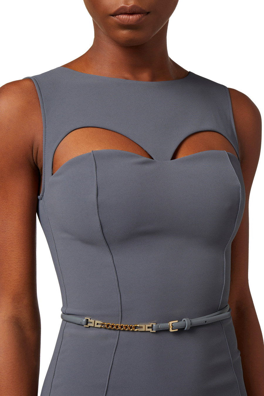Vestido midi de tejido técnico con cinturón y cut-out - Elisabetta Franchi® Outlet