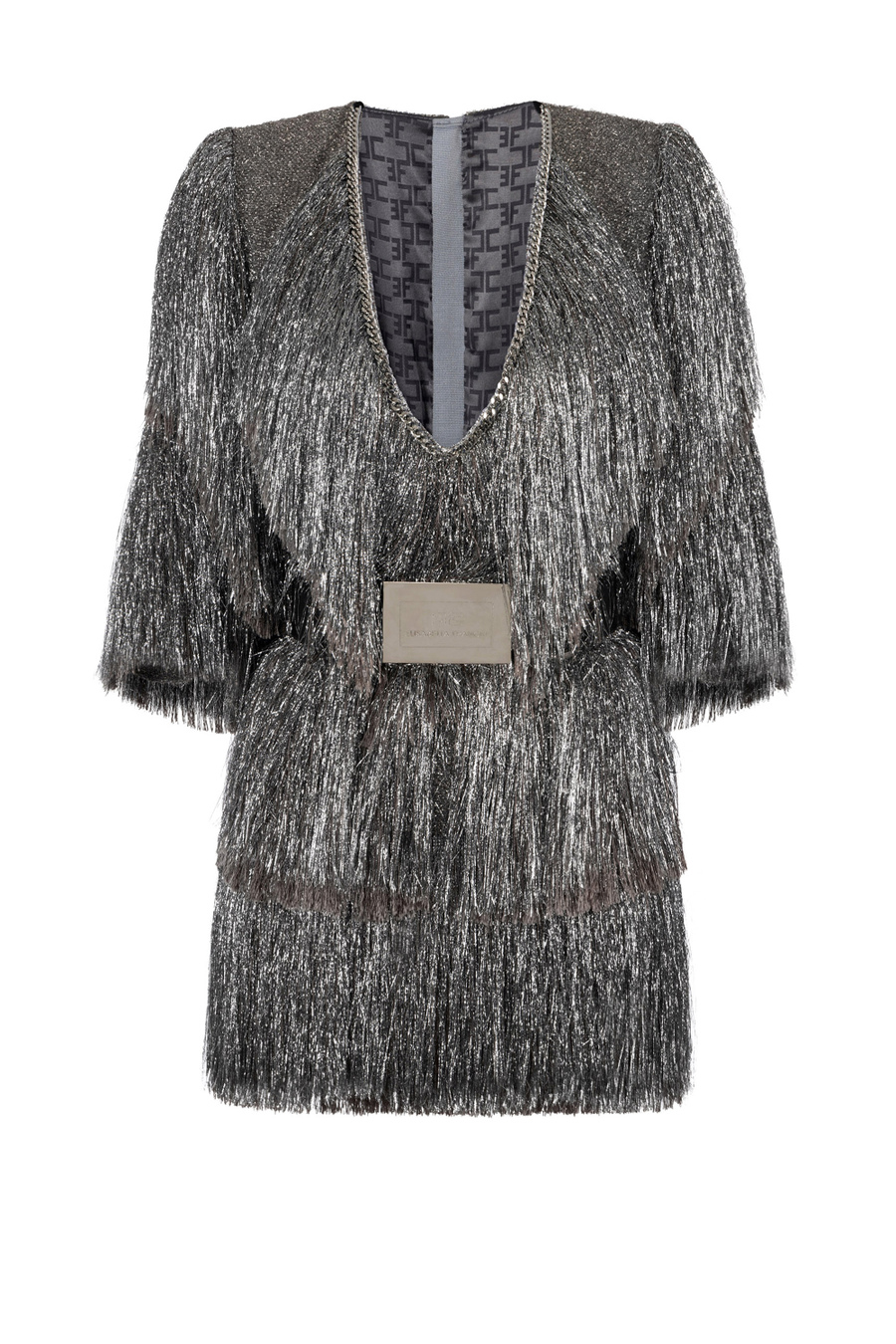 Miniabito in tweed lurex con frange e cintura - Elisabetta Franchi® Outlet