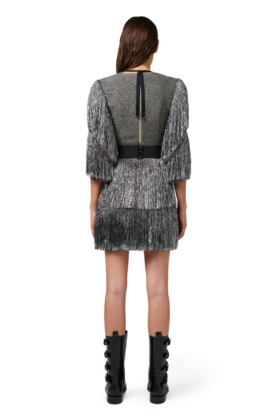 Miniabito in tweed lurex con frange e cintura - Elisabetta Franchi® Outlet