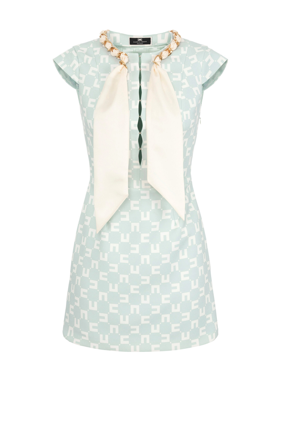 Mini-dress in logo print stretch crêpe with foulard scarf at the neckline - Elisabetta Franchi® Outlet