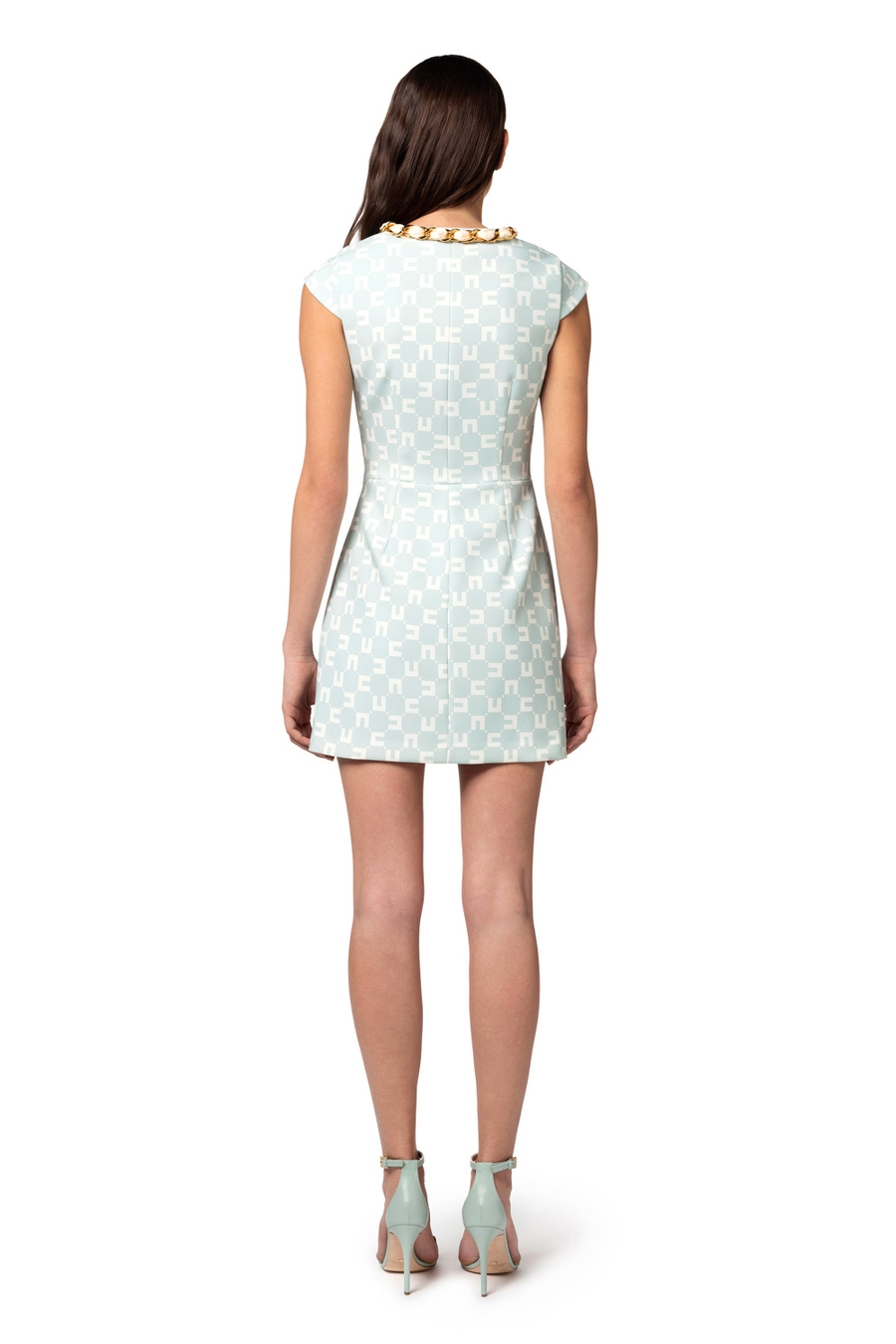 Mini-dress in logo print stretch crêpe with foulard scarf at the neckline - Elisabetta Franchi® Outlet