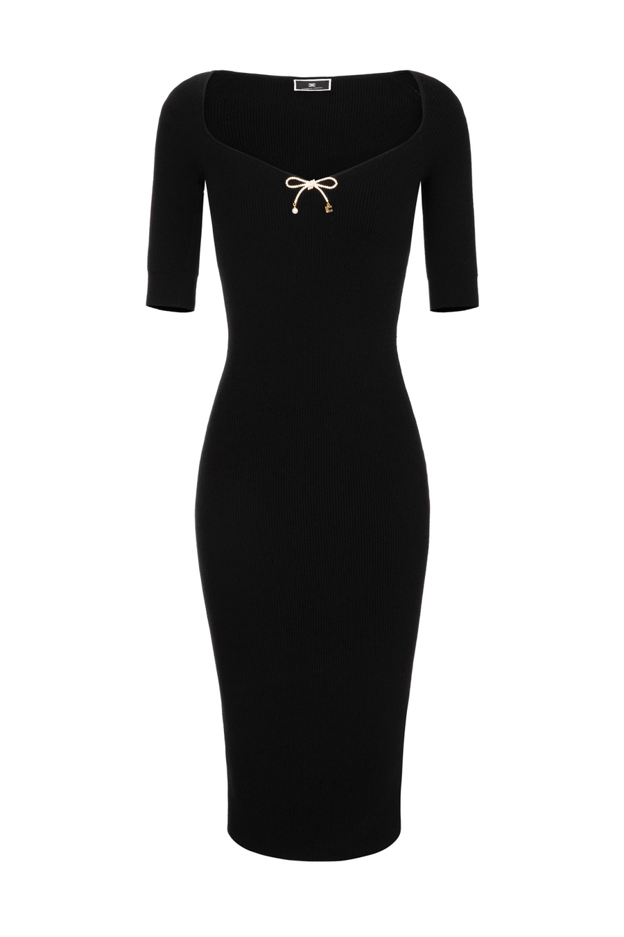 Wool midi dress with rhinestone bow - Elisabetta Franchi® Outlet