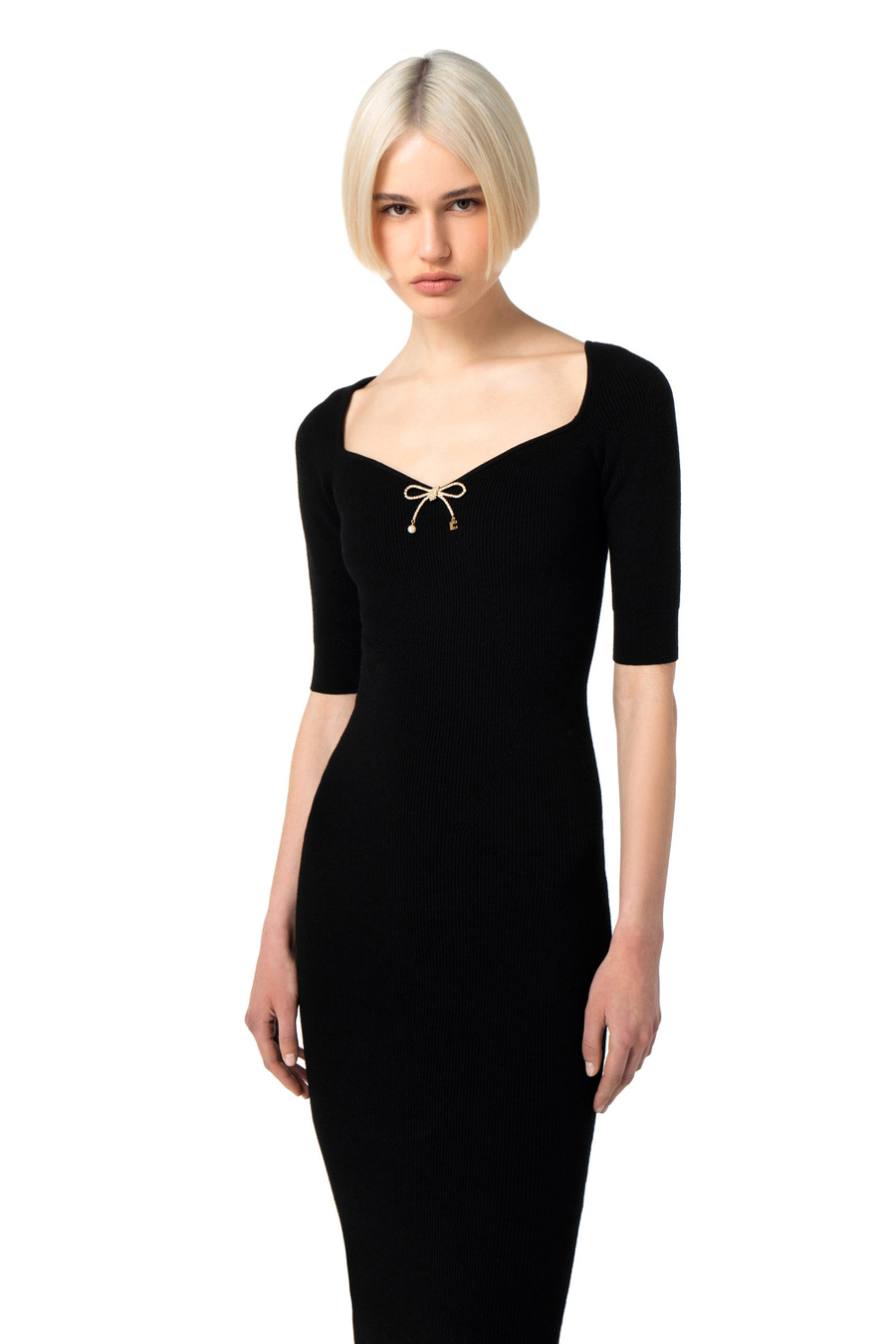 Wool midi dress with rhinestone bow - Elisabetta Franchi® Outlet