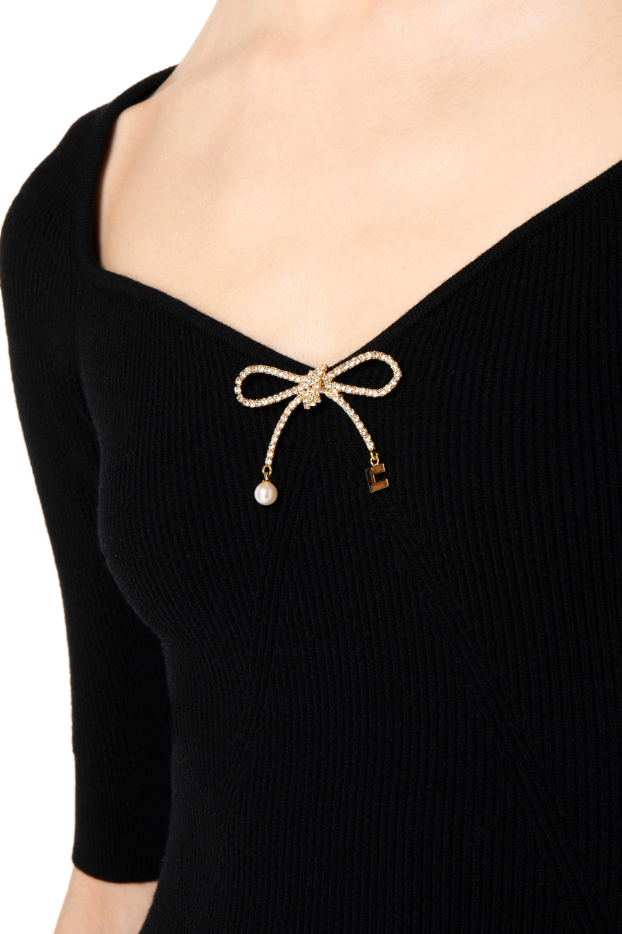 Wool midi dress with rhinestone bow - Elisabetta Franchi® Outlet