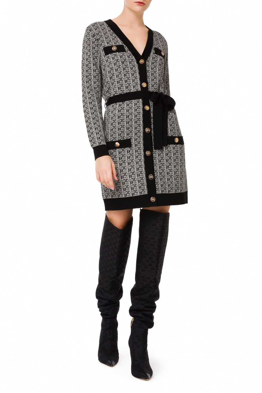 Long knitted cardigan with monogram lettering - Elisabetta Franchi® Outlet