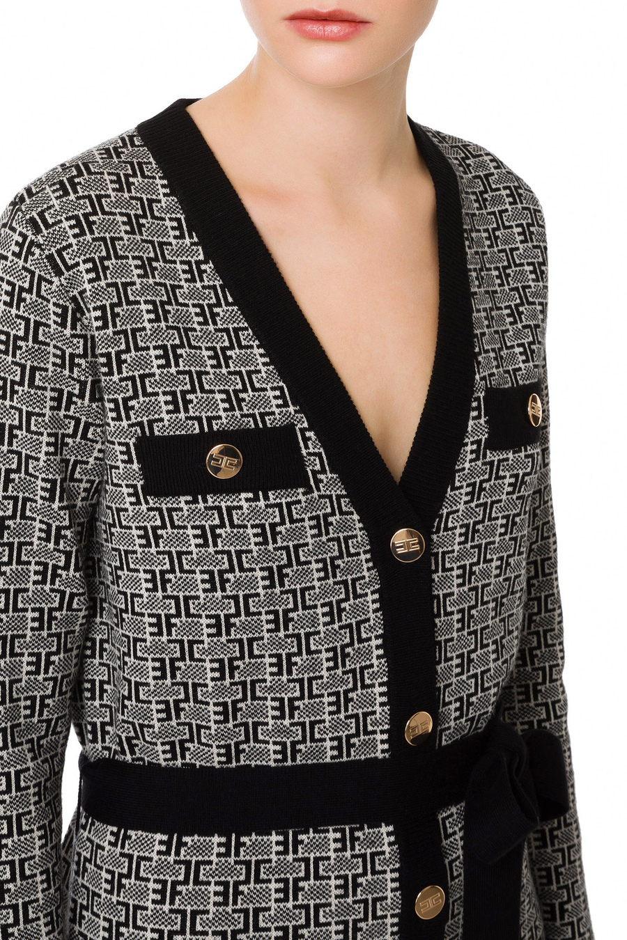 Long knitted cardigan with monogram lettering - Elisabetta Franchi® Outlet