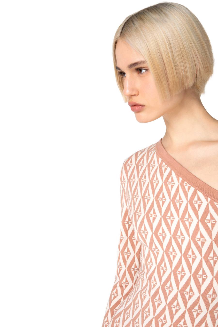 Robe mi-mollet en tricot à épaule asymétrique avec motif losanges - Elisabetta Franchi® Outlet