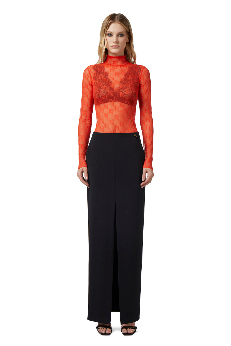 Long-sleeved bodysuit in tulle fabric with logo - Elisabetta Franchi® Outlet