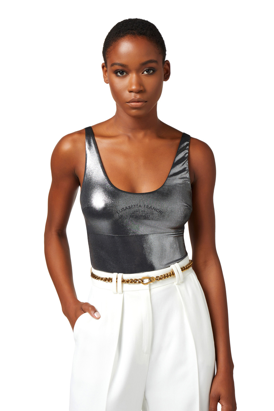 Metallic jersey bodysuit with logo print - Elisabetta Franchi® Outlet