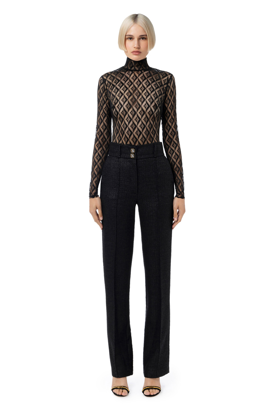 Flock printed bodysuit in tulle fabric - Elisabetta Franchi® Outlet