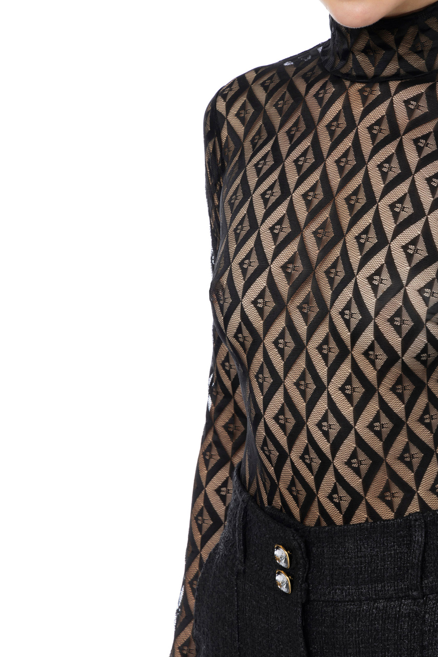 Flock printed bodysuit in tulle fabric - Elisabetta Franchi® Outlet