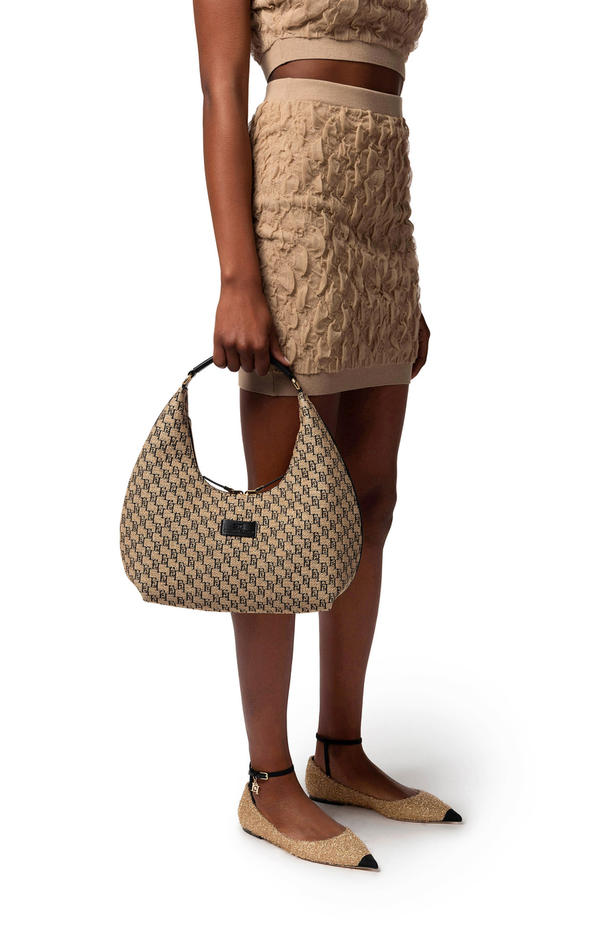Large hobo bag in jacquard raffia - Elisabetta Franchi® Outlet