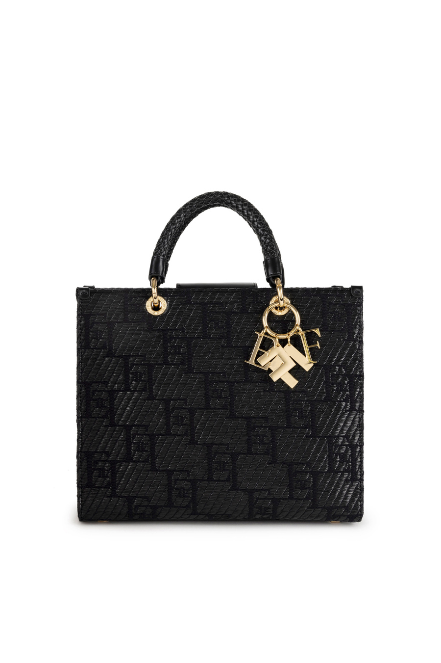 Shopper media in rafia jacquard con charms - Elisabetta Franchi® Outlet