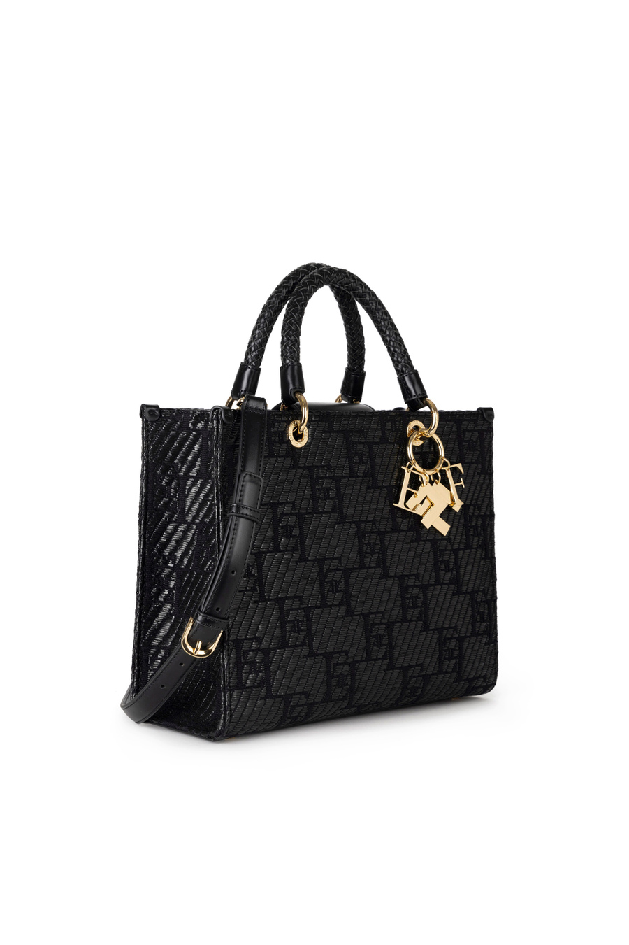 Shopper media in rafia jacquard con charms - Elisabetta Franchi® Outlet