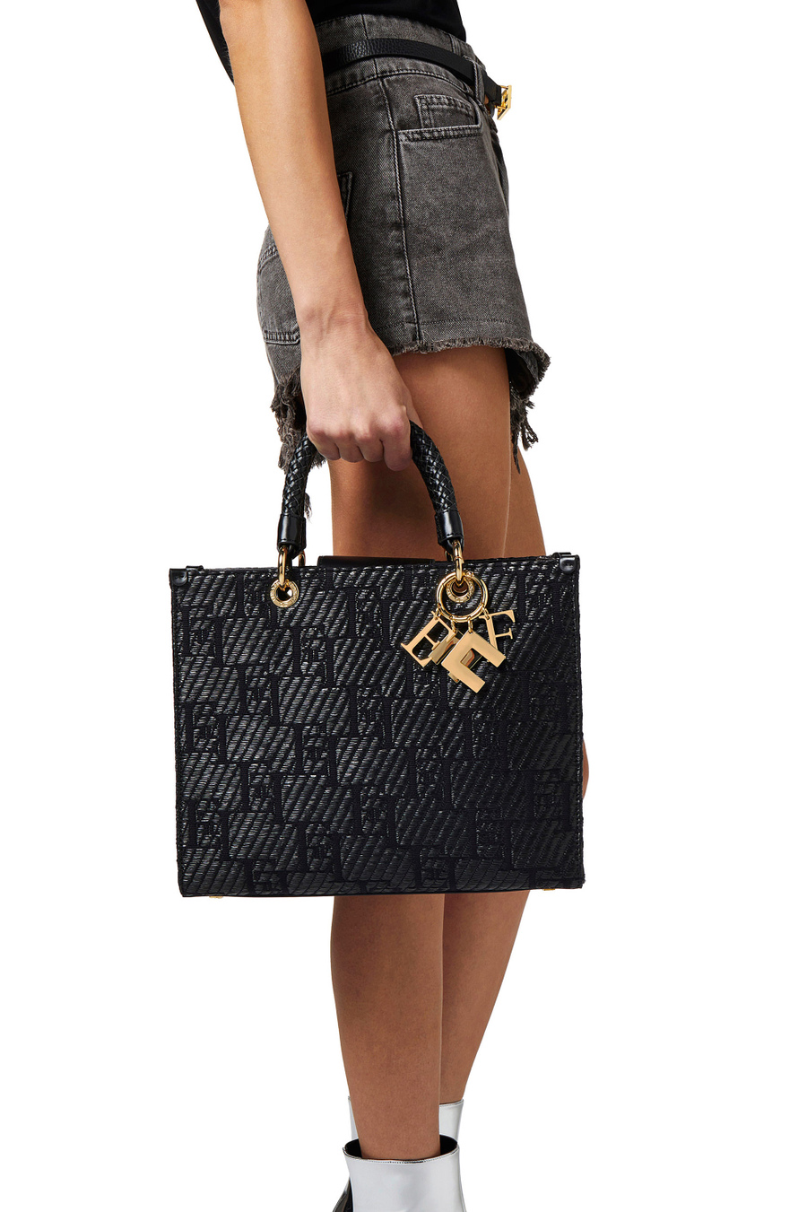 Shopper media in rafia jacquard con charms - Elisabetta Franchi® Outlet