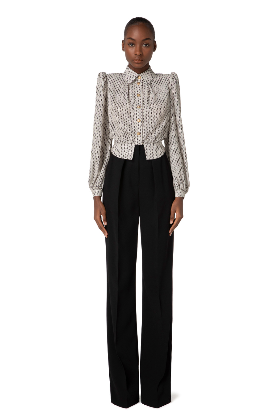 Crop blouse in viscose with micro logo print - Elisabetta Franchi® Outlet