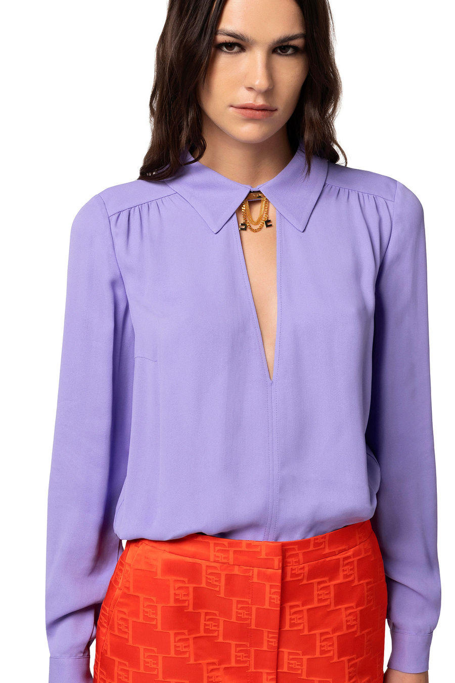Blouse in viscose georgette fabric with accessory at the neck - Elisabetta Franchi® Outlet