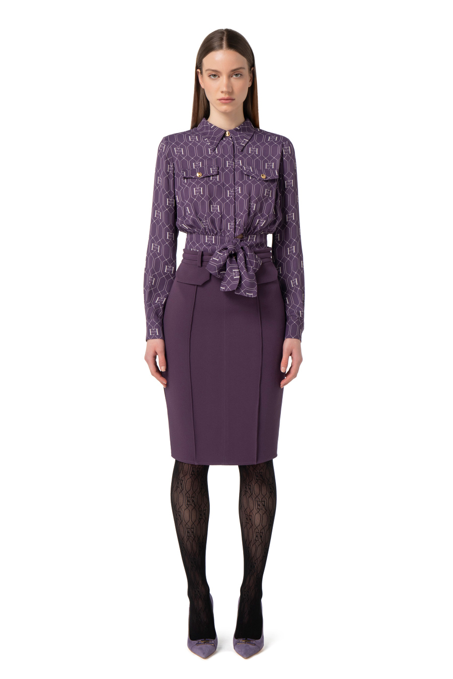 Crop blouse in viscose fabric with logo print - Elisabetta Franchi® Outlet