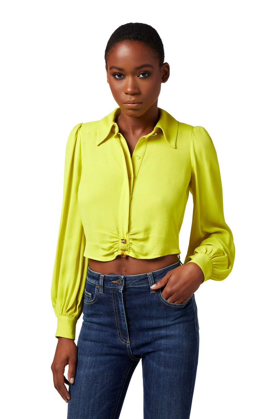 Cropped blouse in viscose georgette fabric with gathering - Elisabetta Franchi® Outlet