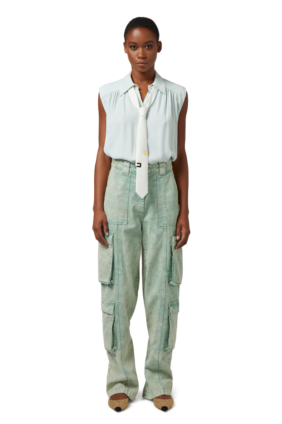Flared blouse in viscose georgette fabric with lettering tie - Elisabetta Franchi® Outlet