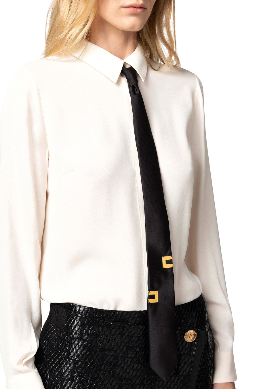 Straight blouse in viscose georgette fabric with lettering tie - Elisabetta Franchi® Outlet