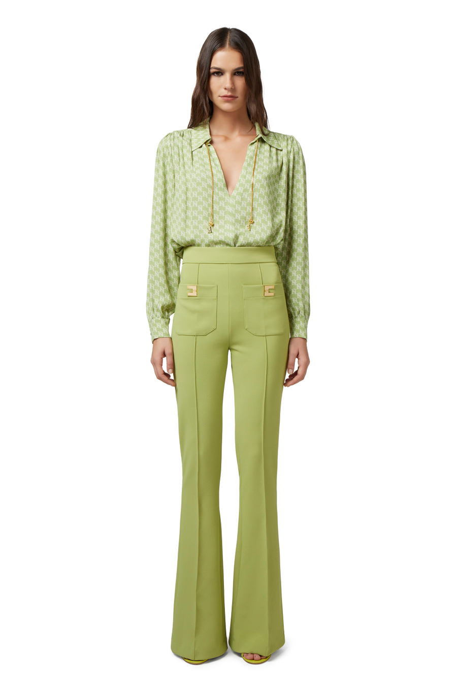 Hemdbluse aus Viskose-Georgette mit Logo-Print und Kragen-Accessoire - Elisabetta Franchi® Outlet