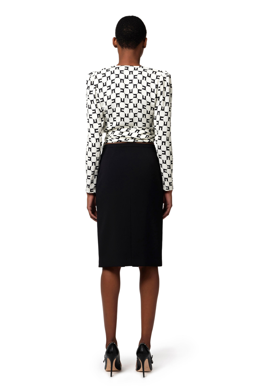 Cropped blouse in viscose georgette fabric with logo print and knot - Elisabetta Franchi® Outlet