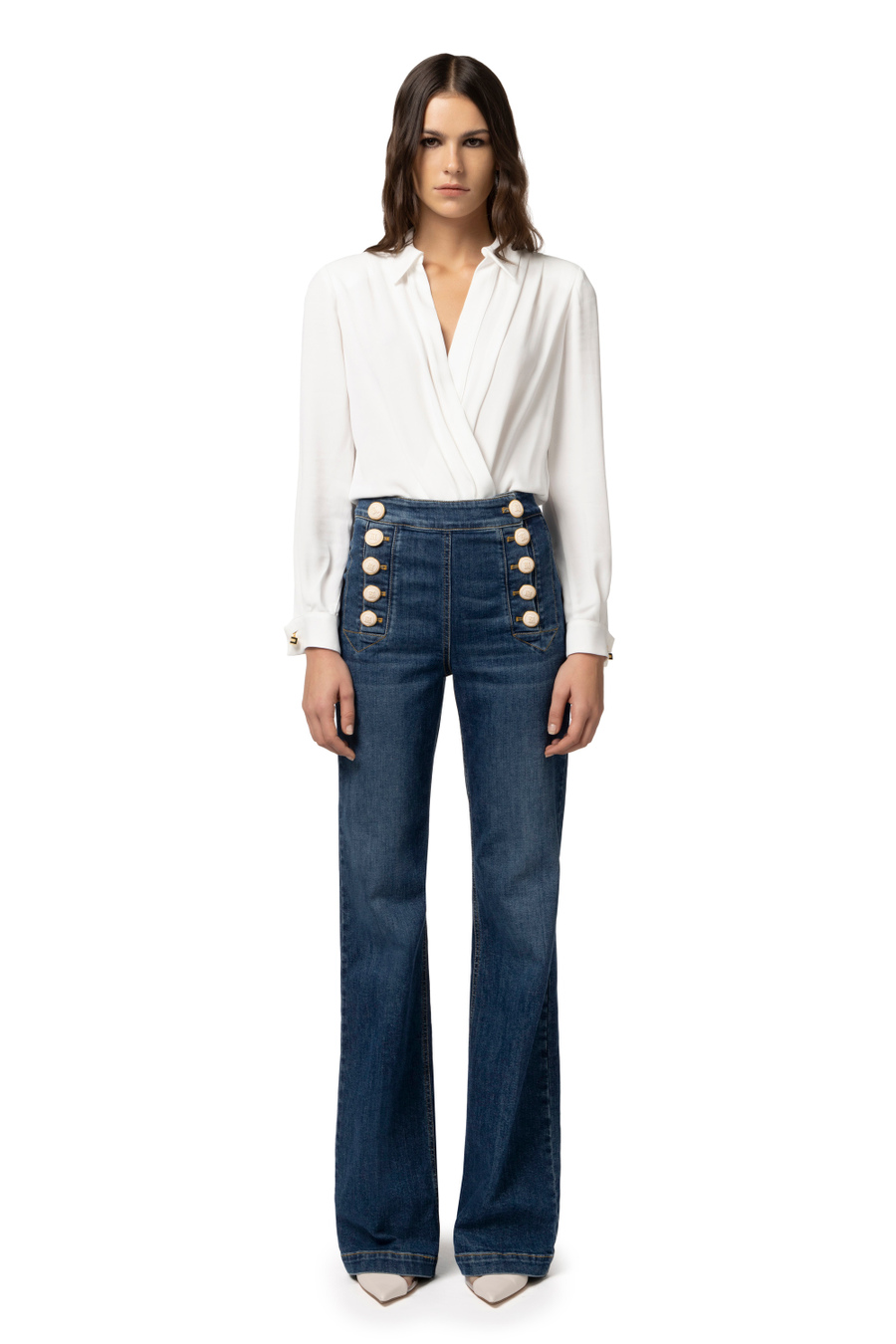 Crossover bodysuit-style blouse in viscose georgette fabric with cufflink - Elisabetta Franchi® Outlet