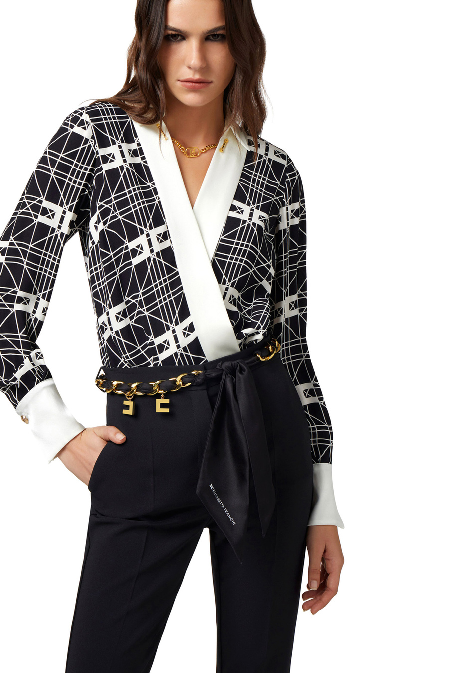 Crossover bodysuit-style blouse in printed viscose georgette fabric - Elisabetta Franchi® Outlet