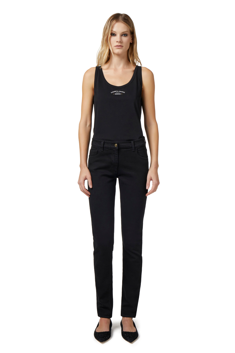 Cotton jersey top with logo print - Elisabetta Franchi® Outlet