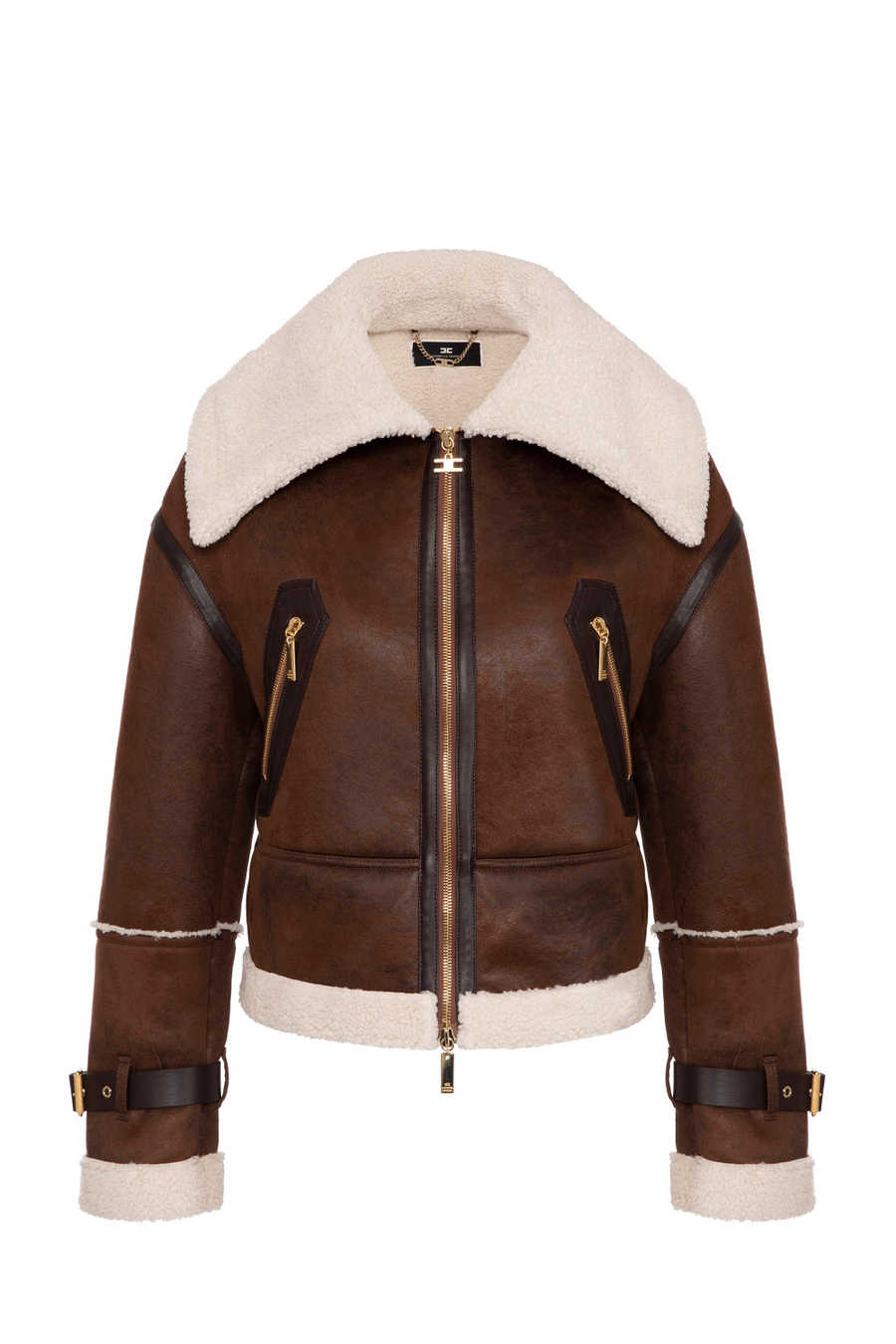 Veste crop en faux shearling avec col maxi - Elisabetta Franchi® Outlet