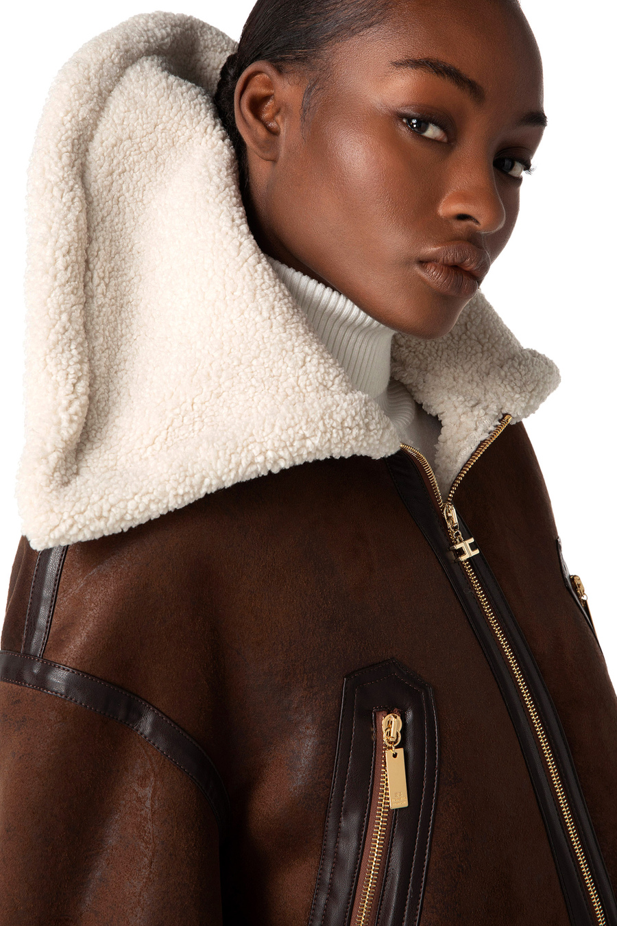 Veste crop en faux shearling avec col maxi - Elisabetta Franchi® Outlet