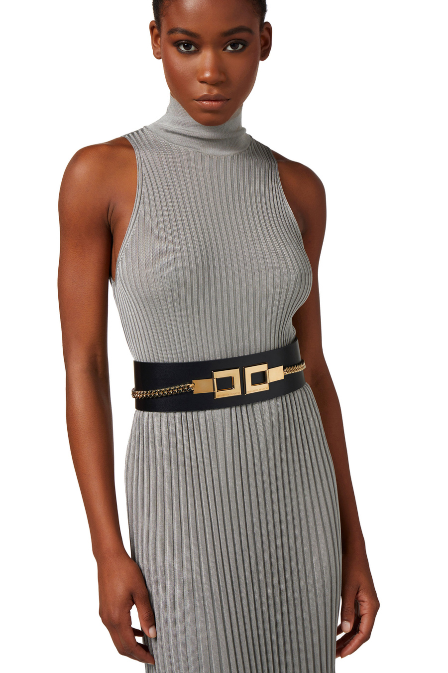 Wide faux leather belt with logo and chain - Elisabetta Franchi® Outlet