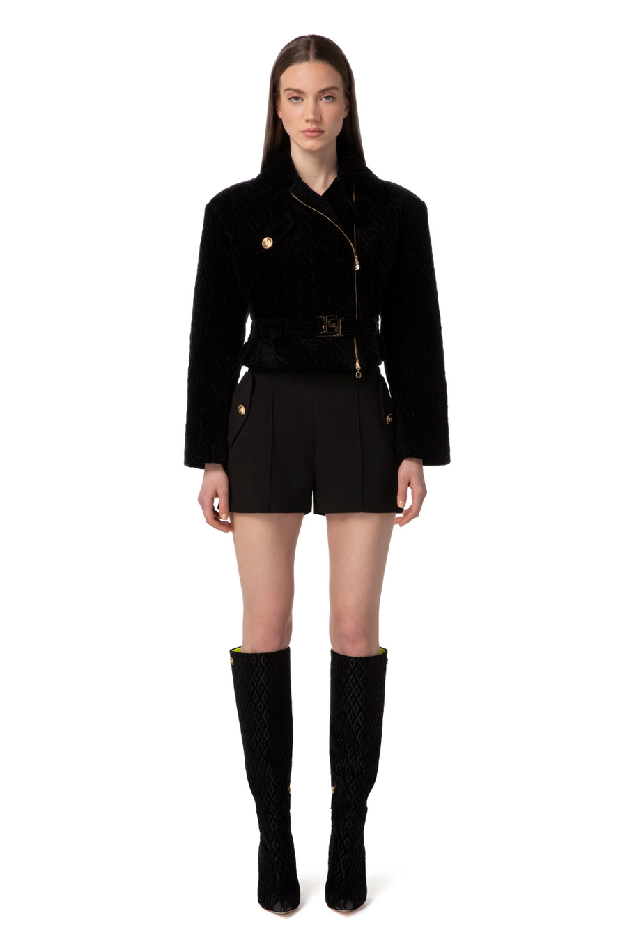 Crop biker jacket in embroidered velvet fabric - Elisabetta Franchi® Outlet