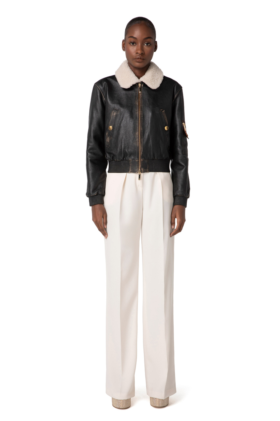 Blouson bomber en cuir avec col en mouton - Elisabetta Franchi® Outlet