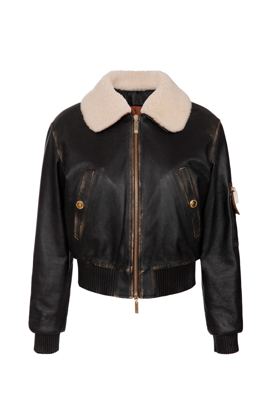 Blouson bomber en cuir avec col en mouton - Elisabetta Franchi® Outlet