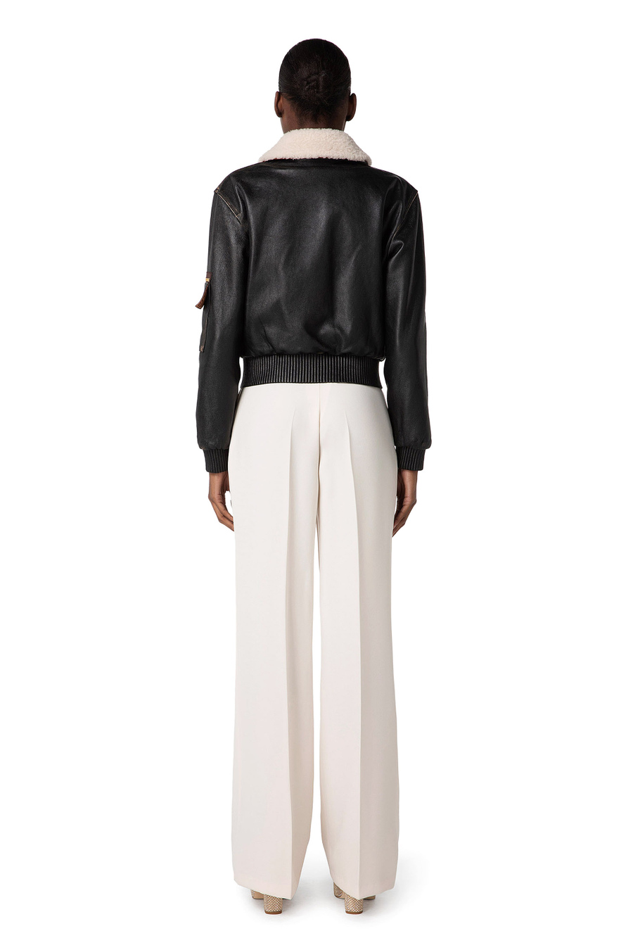 Blouson bomber en cuir avec col en mouton - Elisabetta Franchi® Outlet