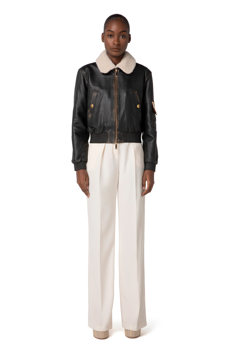Blouson bomber en cuir avec col en mouton - Elisabetta Franchi® Outlet
