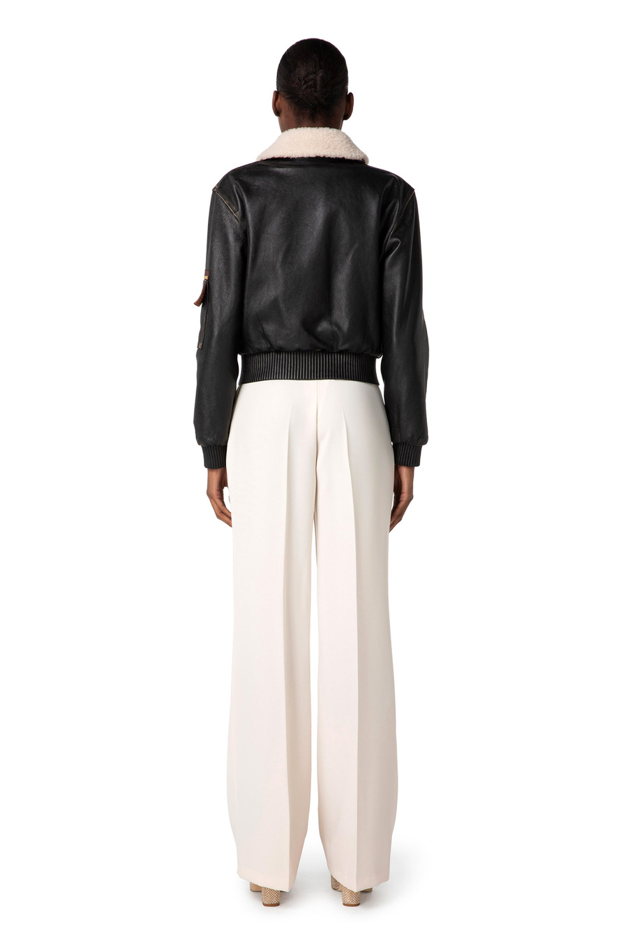Blouson bomber en cuir avec col en mouton - Elisabetta Franchi® Outlet