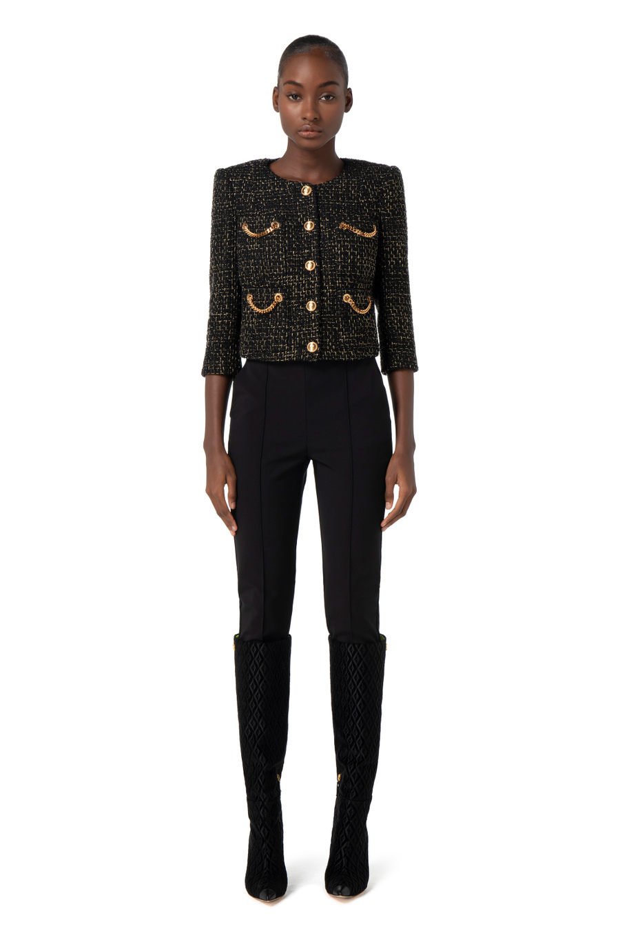 Lurex tweed short jacket with chains - Elisabetta Franchi® Outlet