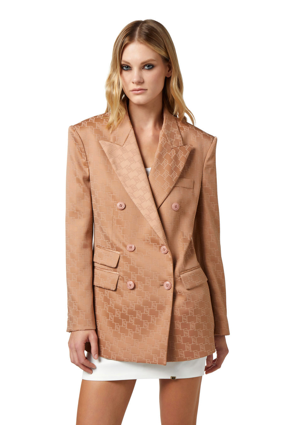 Double-breasted jacket in jacquard satin - Elisabetta Franchi® Outlet